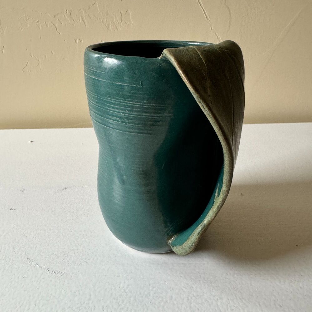 Leaf Handwarmer Ceramic Mug Dark Teal (Left)